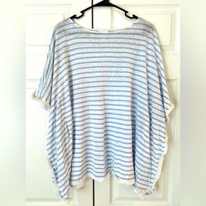 NWOT J.Jill Women’s Blue Striped Poncho Style Linen Fringe Trim Blouse Sz M
